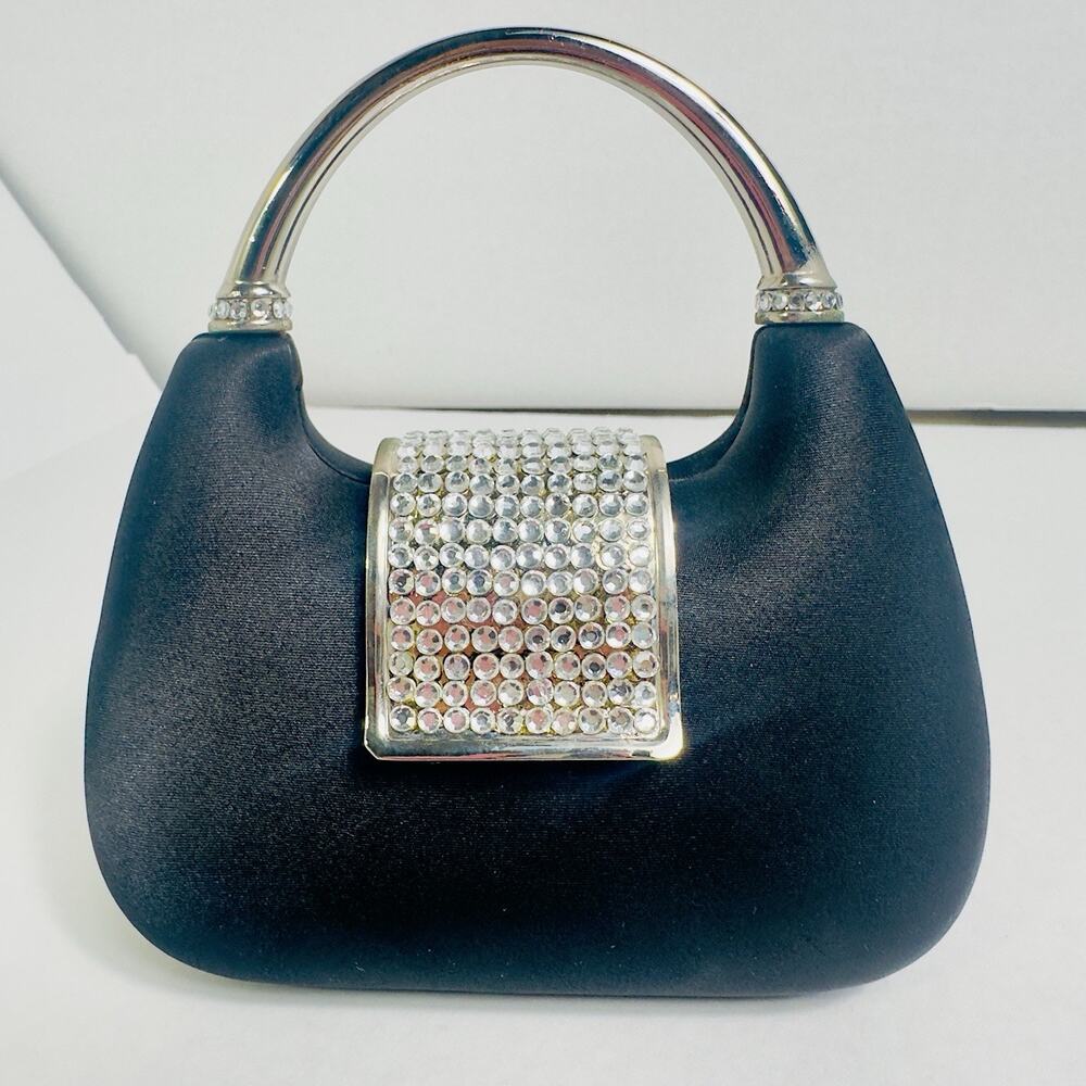 Vintage Black Satin Rhinestone Evening Clutch Purse Silver Handle Small Bag READ